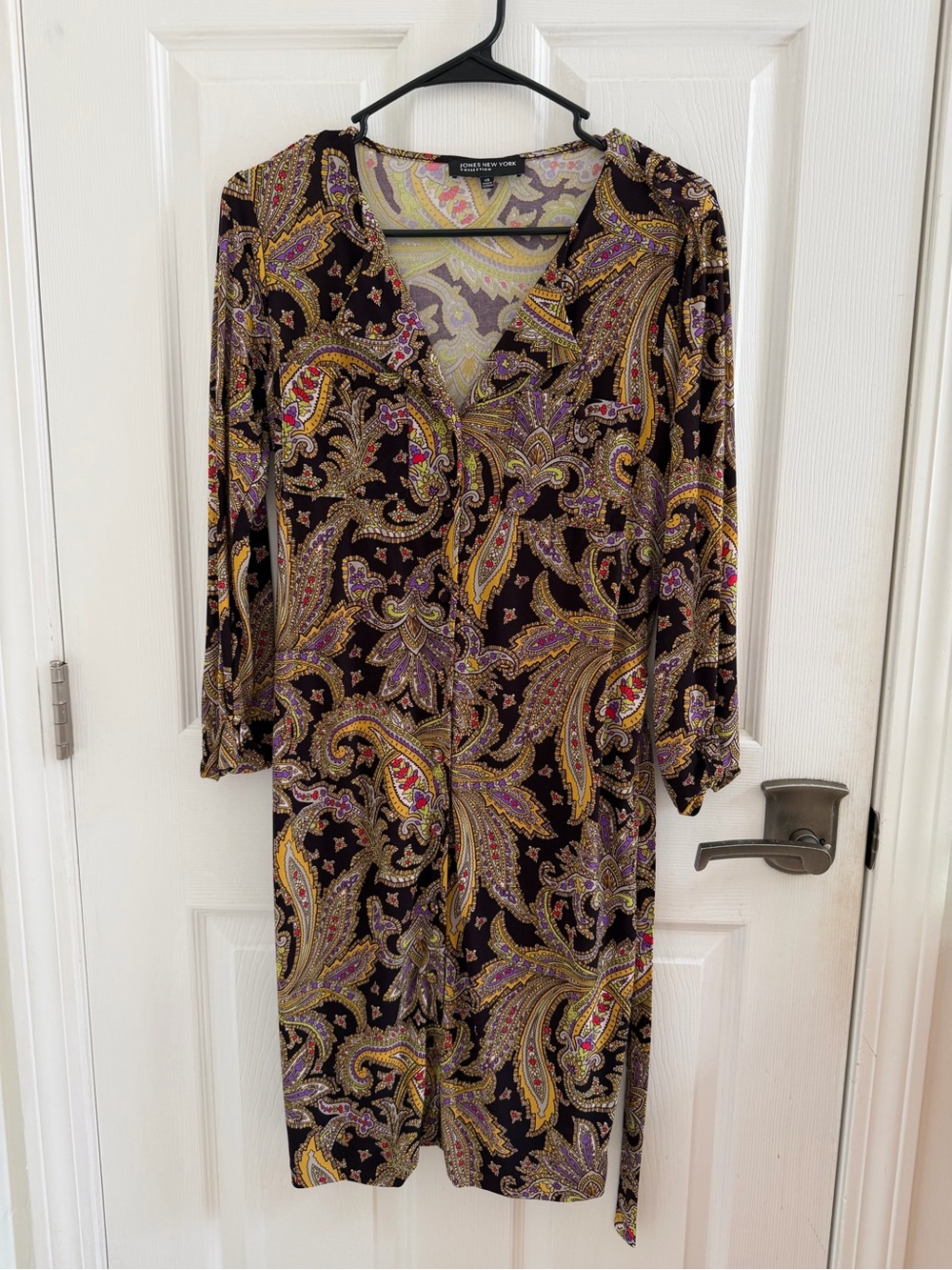 Jones New York Black Paisley Long Sleeve Shift Dress with Purple & Gold